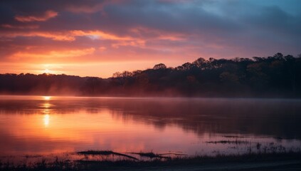 A picturesque scene of the sun setting over a serene lake, with colorful skies mirroring in the calm waters, surrounded by trees in silhouette