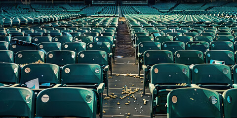 Fototapeta premium The Vacant Seats at the Ballpark: A view of empty rows at a major league baseball stadium, with peanut shells and discarded programs scattered on the seats.