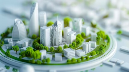 Futuristic eco-friendly city model showcasing green urban planning with skyscrapers and lush greenery, emphasizing sustainable architecture.