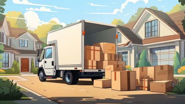 Moving truck parked in suburban neighborhood with boxes on driveway. Home relocation and moving concept.