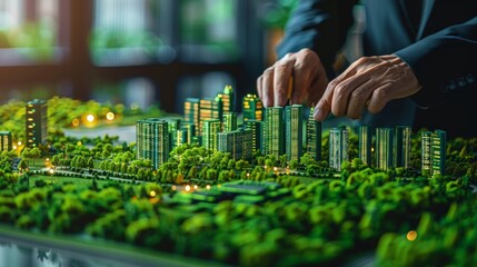 Obraz premium A green city model is being shown at a business meeting to discuss green business practices. ESG (environmental, social, and governance) and eco-friendly concepts are being discussed.