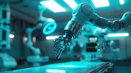 Robotic surgery system in action in an operating room.
