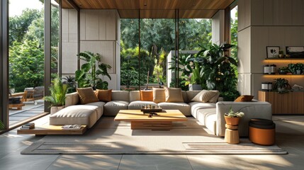 Fototapeta premium Modern living room with wooden furniture, a rug, and plants.