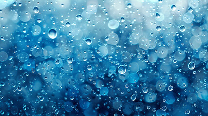 Abstract blue Water droplets on glass close-up  creating a serene and tranquil atmosphere.