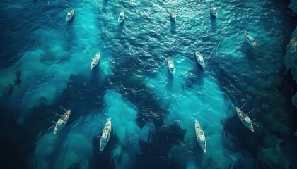 Fototapeta premium Aerial view of multiple boats over crystal clear blue ocean waters, creating beautiful patterns and shadows, perfect for travel and nature scenes.