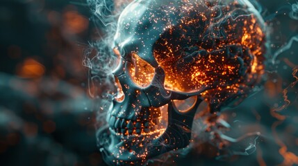 Human skull with glowing brain activity.