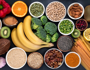  Healthy Fitness Food- A selection of fruits, vegetables, pulses, herbs, spices, nuts, grain_1(134)