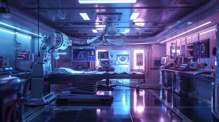 Advanced robotic surgery setup in an operating room.