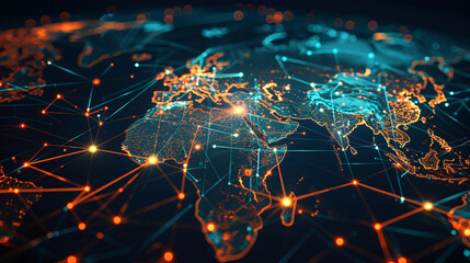 Abstract global network connections map, blue and orange theme, interactive