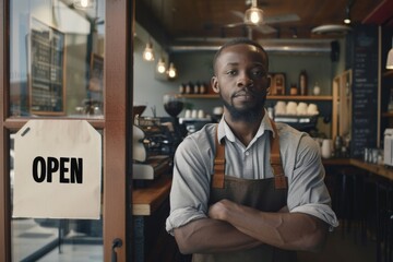 Obraz premium Cafe owner standing in doorway with open sign. Small business and entrepreneurship concept.