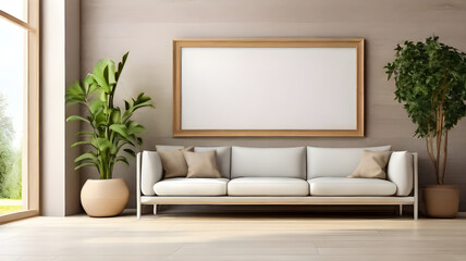 Fototapeta premium Empty frame poster mockup in a minimalist interior living room with armchairs and potted plants