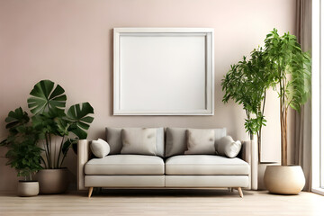 Fototapeta premium Empty frame poster mockup in a minimalist interior living room with armchairs and potted plants