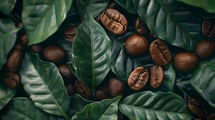 Close up of coffee bean background with leaves, top view. Photorealistic high resolution macro photography for advertising or food design. 