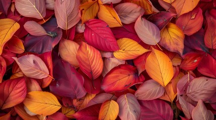 Beautiful red and orange autumn leaves on the ground. Colorful image of fallen leaves for seasonal use. You can add text to it.