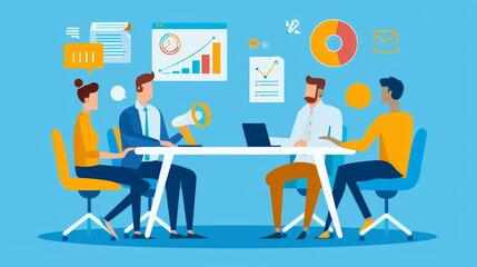 Depict a marketing meeting where team members are conducting a SWOT analysis, identifying strengths, weaknesses, opportunities, and threats.