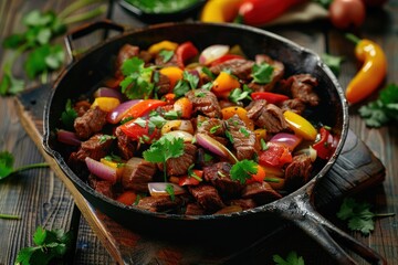 A pan of meat and vegetables is on a wooden table