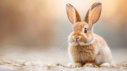 Fototapeta premium A rabbit is sitting on the ground with its ears up. The rabbit is brown and white in color