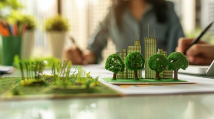 A green city model is being shown at a business meeting to discuss green business practices. ESG (environmental, social, and governance) and eco-friendly concepts are being discussed.