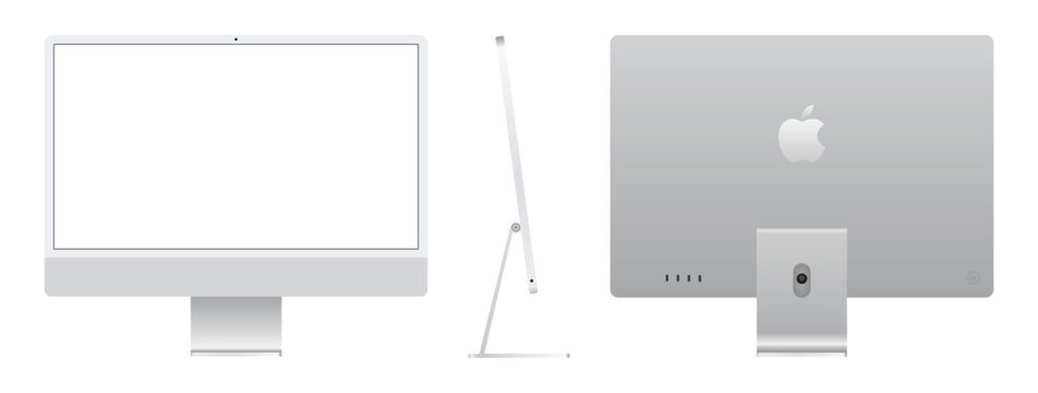 Apple iMac device mockup silver vector set. Apple iMac monoblock monitor mock-up. Realistic computer with empty screen. PC on front, side, back view. Vector illustration.