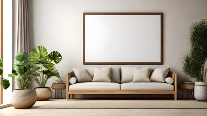 Empty frame poster mockup in a minimalist interior   living room with armchairs and potted plants