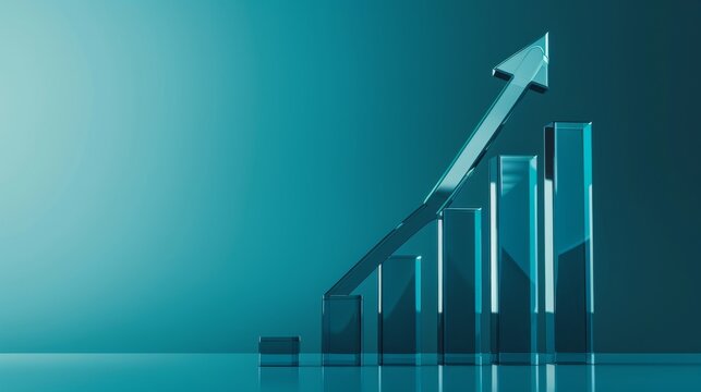 Glass bar chart with ascending arrow, symbolizing growth and success. Conceptual image on a gradient blue background. Business and financial progress.