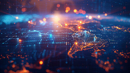 Naklejka premium Network connections between global cities on digital world map
