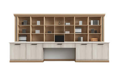 Light Wood Desk With Built-In Bookshelf and Cabinets
