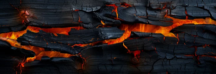 Wandcirkels Brandhout textuur Burning wood coals with glowing and flaming hot charcoal briquettes, close-up orange, black, red texture for Halloween background. Abstract horror fire, ash, night October BBQ barbecue party banner  © Vita