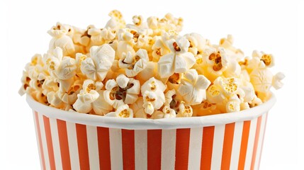 Crunchy popcorn in a classic striped bucket stands out against a white backdrop.