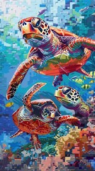 Obraz premium Vibrant mosaic artwork of three sea turtles swimming in a colorful ocean reef, showcasing marine life and underwater beauty.