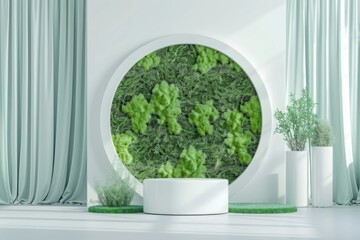 3D render podium with round background on moss and curtains