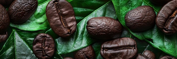 Close up of coffee bean background with leaves, top view. Photorealistic high resolution macro photography for advertising or food design. 