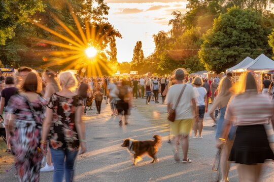 People walking their dogs in a sunny park, enjoying an outdoor community gathering with exercise and companionship in a lively and friendly atmosphere