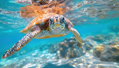 Fototapeta premium Close-up of a sea turtle swimming in crystal clear water, showcasing marine life beauty and underwater habitat. Perfect for nature and ocean themes.