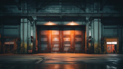 Illustration of a spacious industrial facility featuring a prominent entrance doorway, suitable for commercial and manufacturing concepts