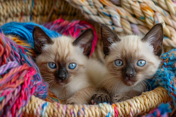 Two Siamese kittens cuddled together in a colorful yarn basket, radiating warmth and cuteness.