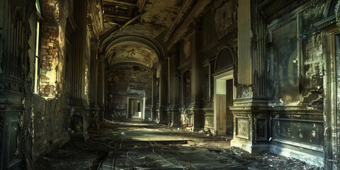 Fototapeta premium The Hollowed Halls: The echoes of history, as crumbling government buildings stand as testaments to fallen greatness.