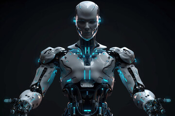 Fototapeta premium Futuristic robot stands against a black background, lit by blue lights, showcasing advanced technology and innovation with a cybernetic aesthetic