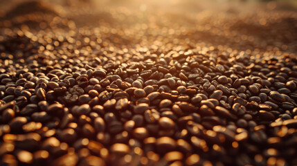 Obraz premium Dried coffee beans in shades of brown, spread out and glowing under the gentle evening light.
