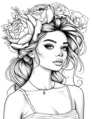 Fototapeta premium A woman with a flower crown on her head. She has a necklace around her neck