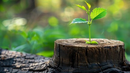Abstract Young Tree Growing from Old Stump in Spring. Symbol of New Life, Hope, and Renewal. Artistic Design Mockup Template, 4K High-Resolution Wallpaper, AI-Generated Background
