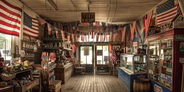 The Spirit of '76: An old-fashioned general store adorned with patriotic bunting and Americana decor.