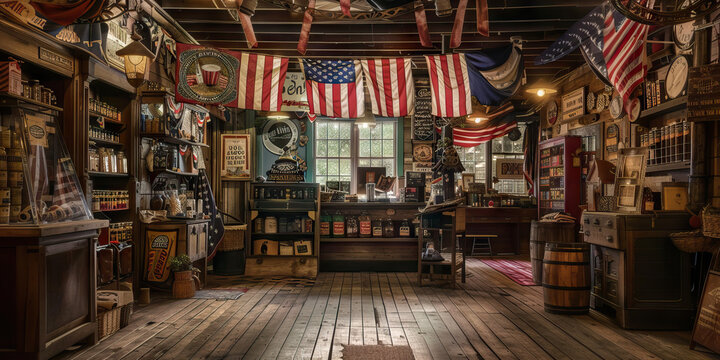 The Spirit of '76: An old-fashioned general store adorned with patriotic bunting and Americana decor.