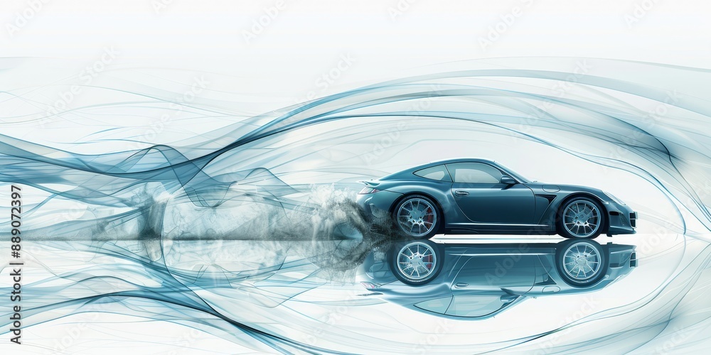 Poster abstract digital depiction of a futuristic car, combining sleek design and innovative technology, hi