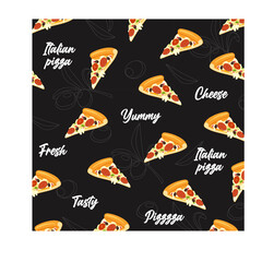 Hand drawn background with slices of pizza and lettering isolated on dark background.
