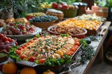  table filled with a variety of delicious food items, including fruits, vegetables, meats, and desserts.