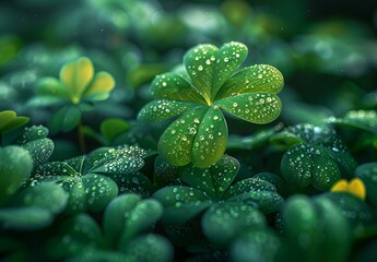 Close up of green clover leaves with water droplets.