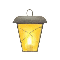 Vintage lantern with burning candle. Hand drawn watercolor illustration of lamp. Clipart for design, cards, labels, invitations, congratulations, packaging, printing, advertising.