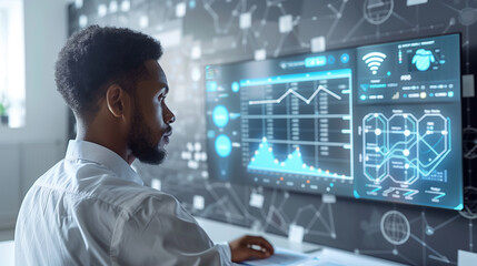 a businessman using AI-powered project management software, showing a dashboard with timelines, progress charts, and team collaboration tools, AI project management, business effic