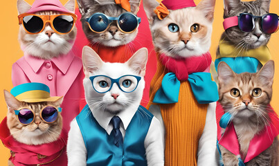 Fototapeta premium Stylish Pet Fashion: Trendy cats wearing fashionable outfits and accessories, vibrant background, commercial advertisement, social media campaign, eye catching. 